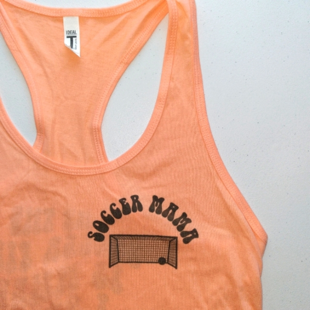 Soccer Mama Tank Racer Back Bright Orange Wording Will not Come Off